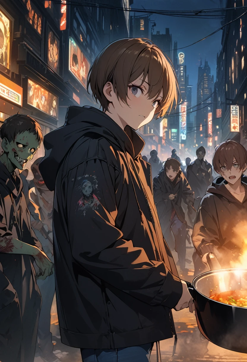 (BEST QUALITY), (MASTERPIECE), illustration, Extremely_detail, 4k wallpaper , midnight, man,black hoodie parka, blue jeans, 18 years old , brown Hair, short hair, black eyes, holding a frying pan, smart, Background of the city, Zombies