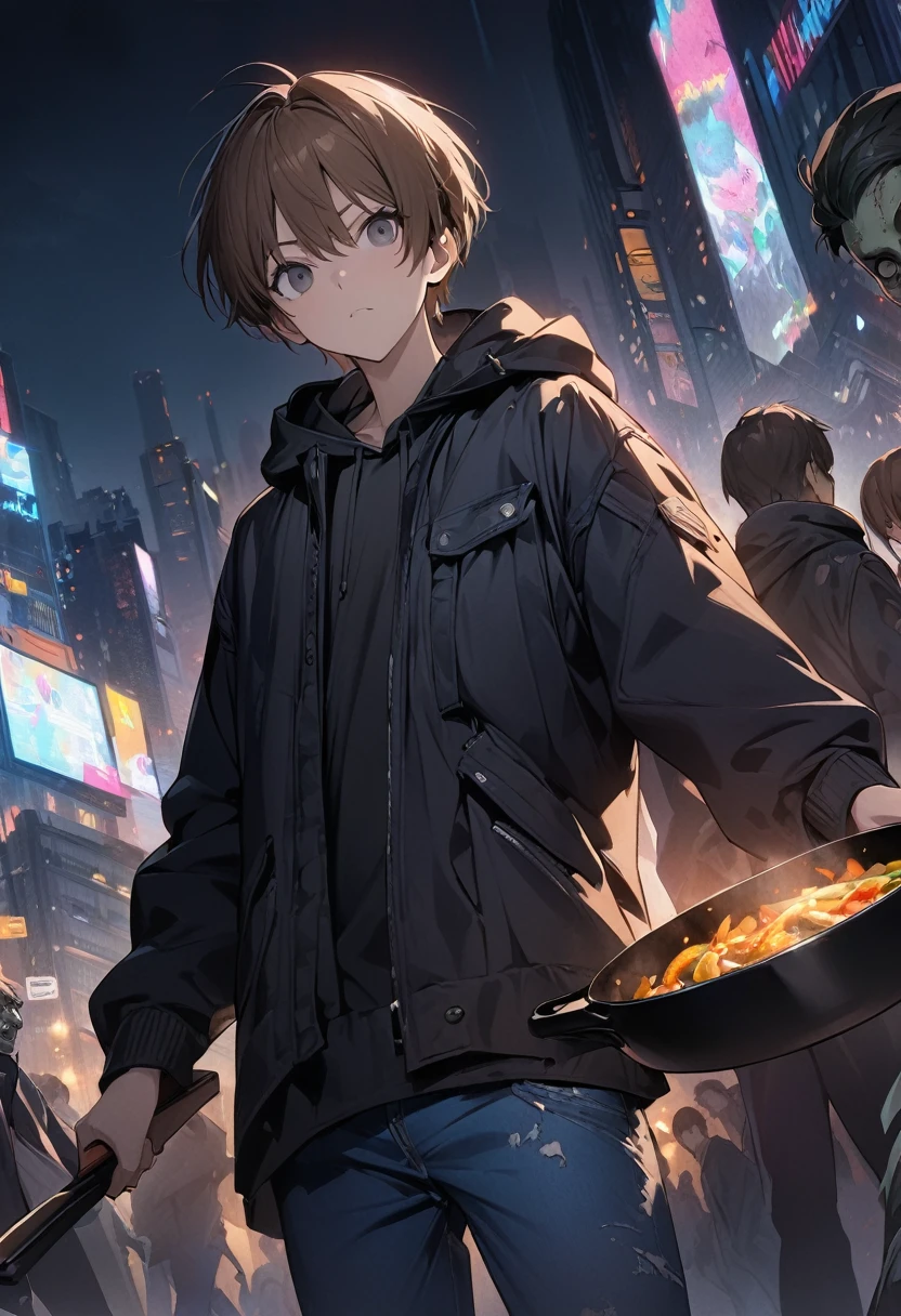 (BEST QUALITY), (MASTERPIECE), illustration, Extremely_detail, 4k wallpaper , midnight, man,black hoodie parka, blue jeans, 18 years old , brown Hair, short hair, black eyes, holding a frying pan, smart, Background of the city, Zombies