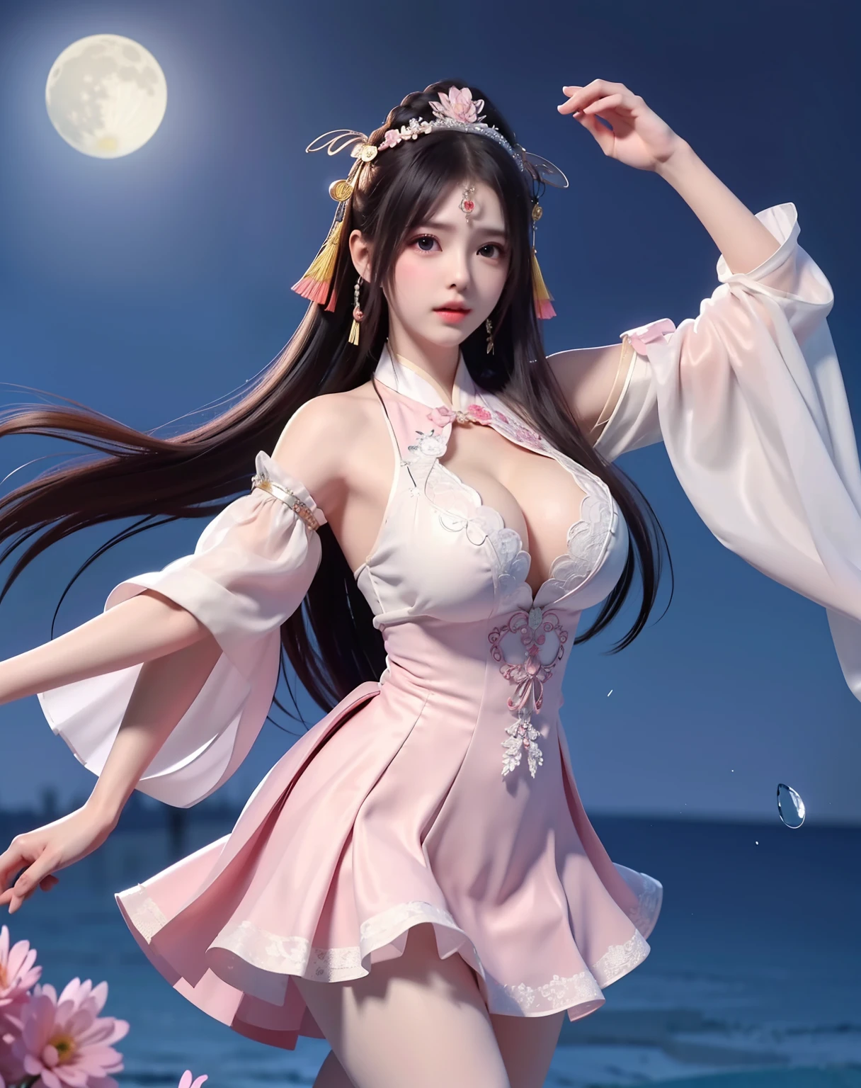 a princess 8 yeald old cute Hanfu dynasty open V-chested clothes royal, All pictures, Wet body of thin silk fabric, Thin silk lace petticoat,princess 8 yeald old cute, (huge boobs,cleavage),petticoat, white pink, blue ,best qualtiy,tmasterpiece,超高分辨率,(真实感:1.4),RAW photogr,(True skin texture:1.3),(filmgrain:1.3),(Selfie angle),1个Giant Breast Girl,Beautiful eye and face details,tmasterpiece,Best quality at best,exposing thighigchest,The chest more exposed, detailed hair,above looking down facing at camera,short dressPrincess Eyes,Super big eyes,Detailed face,shiny pupils, dress pink (a garden,moon palace,Chang'e,mooncakes)