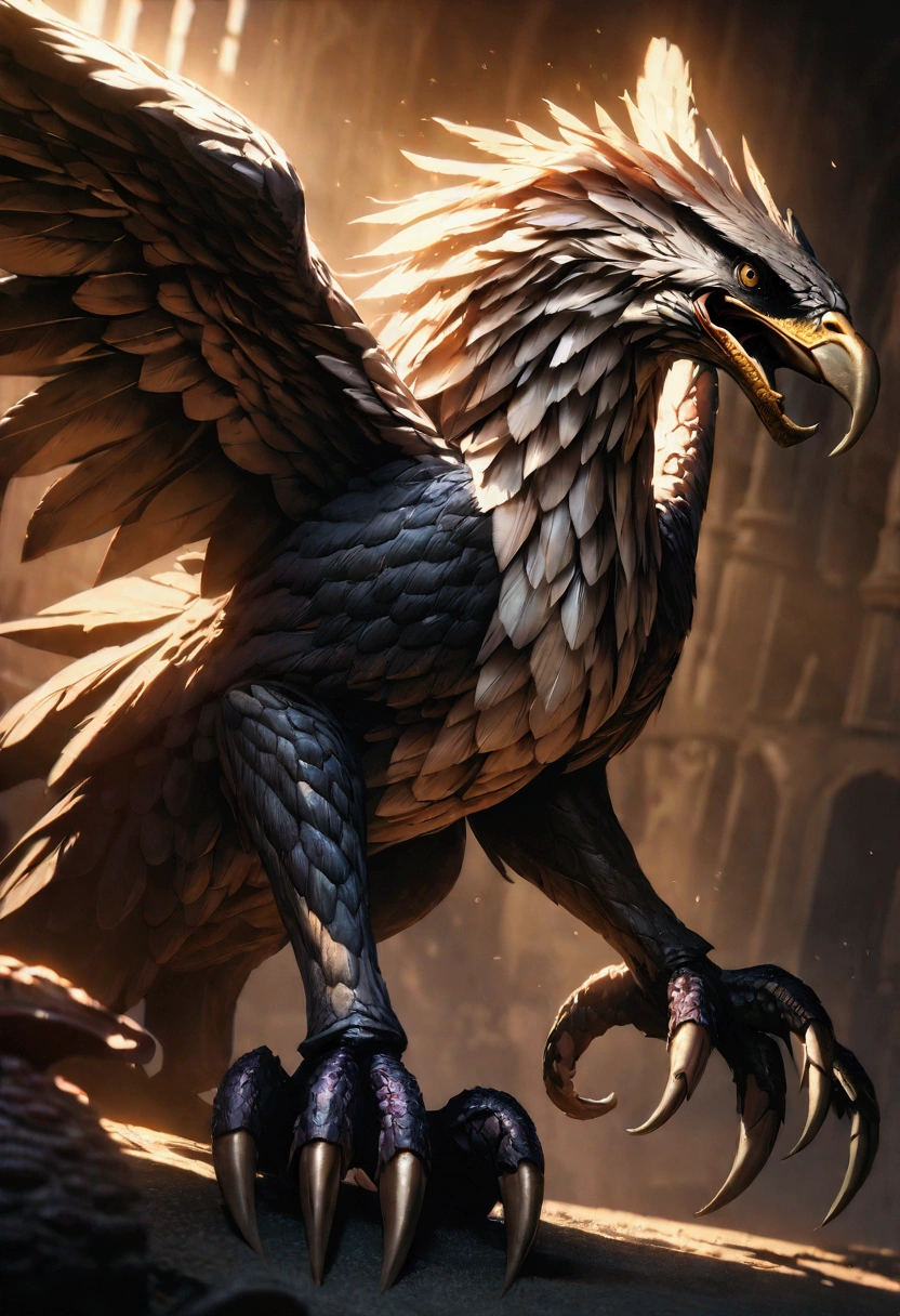 detailed fantasy hybrid creature, eagle head and body, with octopus tentacles, powerful wings, sharp talons, detailed scales and feathers, dramatic lighting, cinematic composition, 8k, ultra-detailed, photorealistic, vibrant colors, dramatic shadows and highlights, intricate textures, masterpiece