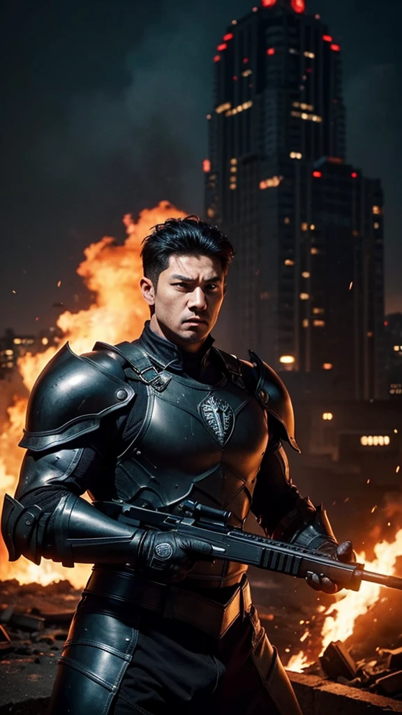 A muscular man. Wear black  iron armor. Holding a gun. Ready to fight
City on fire background