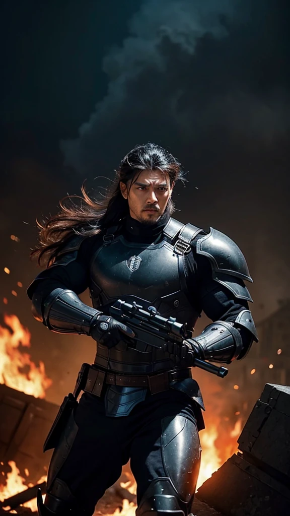 A muscular man. Wear black iron armor. Holding a gun. Ready to fight
City on fire background