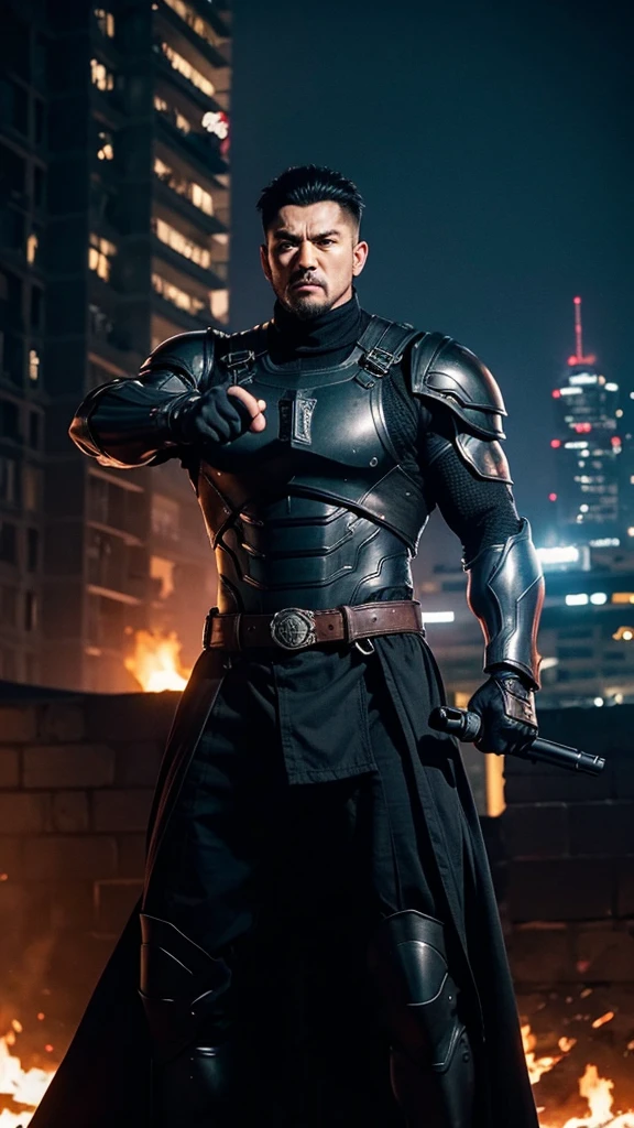 A muscular man. Wear black iron armor. Holding a gun. Ready to fight
City on fire background
