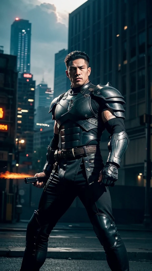 A muscular man. Wear black iron armor. Holding a gun. Ready to fight
City on fire background