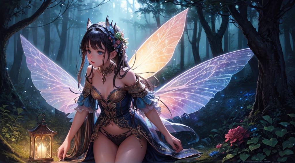 ( Absurd, High quality, ultra-detailed, masterpiece, concept art, smooth, highly detailed artwork, hyper-realistic painting ) , tiny , cute, whole body, Romantic, Vivid, dreamy, fantasy, fairy wings, in the forest, enchanting glow, very detailed art, reveal clothes, sexy lace underwear