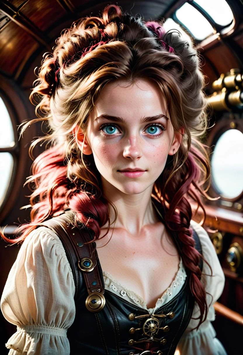 (editorial photography of Aerith Gainsborough), (highly detailed face:1.4), no close-up, (smile:0.4), (background inside dark, moody, private:1.3), steampunk pirate's airship, nikon d850, stock photography, kodak portra 400 film ,camera f1.6 lens, bokeh, analog style, rich colors, hyper realistic, lifelike texture, dramatic lighting, cinestill 800, messy hair, serious, (freckles:0.4), pale skin, cute sexy