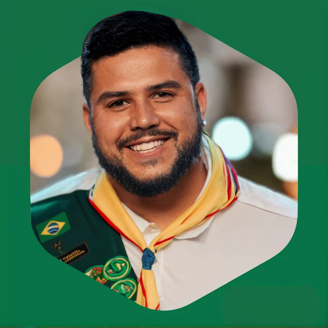 a close-up of a man with a beard and a trailblazer leader's scarf, dan dos santos, caio santos, david rios ferreira, Daniel Mirante, camilo gc, Jose Moncada, luis melo, icaro carvalho, edu souza, ???? guraziu, Ronaldo Nazario, Andreia Rocha, ronaldo luis nazario de lima