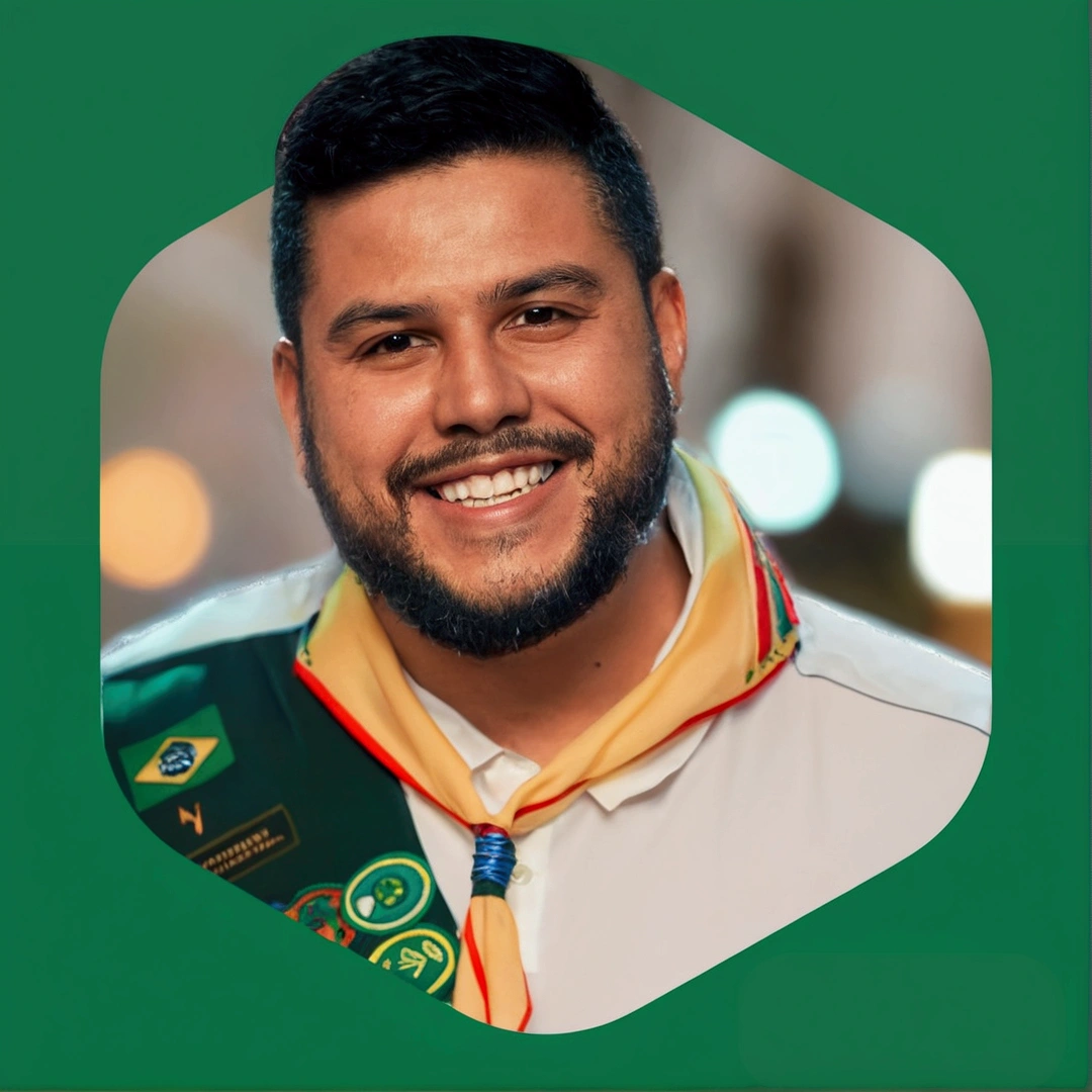 a close-up of a man with a beard and a trailblazer leader&#39;s scarf, dan dos santos, caio santos, david rios ferreira, Daniel Mirante, camilo gc, Jose Moncada, luis melo, icaro carvalho, edu souza, edon guraziu, Ronaldo Nazario, Andreia Rocha, ronaldo luis nazario de lima