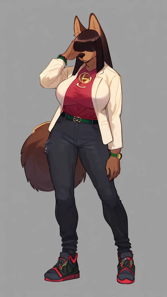By bebebebebe, by lostgoose, by goonie-san, female, ((canine, snout, hair covering eyes, straight hair, medium hair, flat hair, ears, thin snout)), brown fur, big poofy tail, raised tail, dark maroon hair, ((muscular, big breasts)), solo, standing, ((designer clothes, gucci canvas jacket, black gucci jeans, yeezys, rolex watch)),