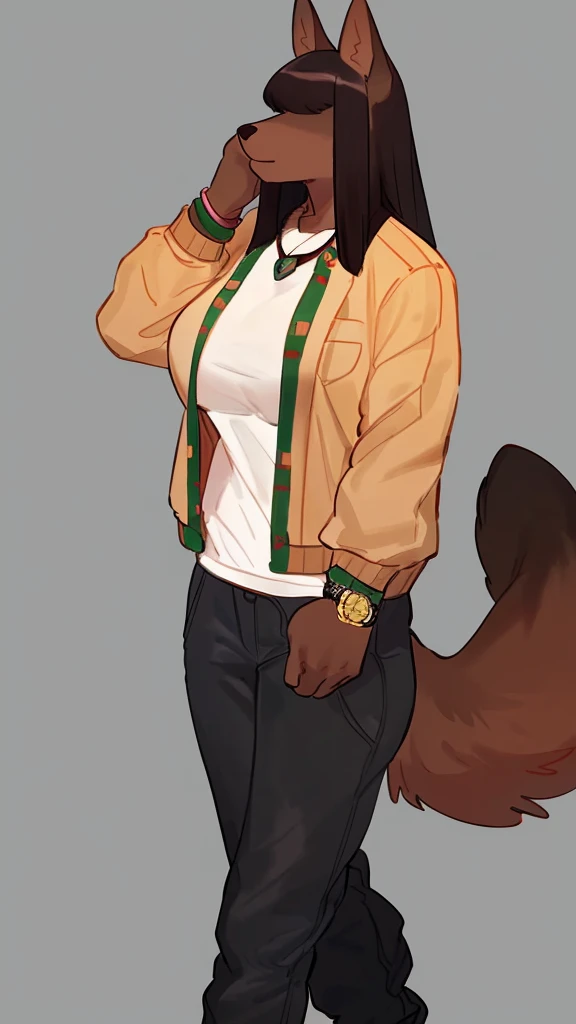By bebebebebe, by lostgoose, by goonie-san, female, ((canine, snout, hair covering eyes, straight hair, medium hair, flat hair, ears, thin snout)), brown fur, big poofy tail, raised tail, dark maroon hair, ((muscular, big breasts)), solo, standing, ((designer clothes, gucci canvas jacket, black gucci jeans, yeezys, rolex watch)),