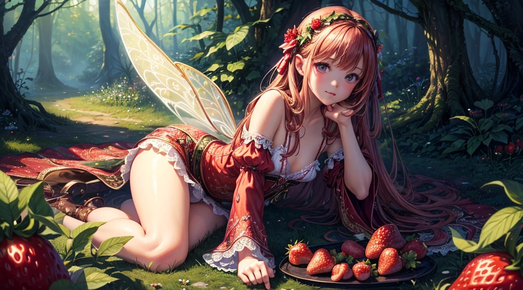 ( Absurd, High quality, ultra-detailed, masterpiece, concept art, smooth, highly detailed artwork, hyper-realistic painting ) , tiny , strawberry girl, Strawberries, cute, whole body, Romantic, Vivid, dreamy, fantasy, fairy wings, in the forest, enchanting glow, very detailed art, reveal clothes, sexy lace underwear