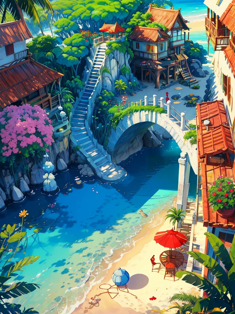 super wide perspective, a beautiful white colored old chibi hut on beach, sea, blue doors and windows, beach, sand, tropical plants, stairs, amazing sky, ghibli anime scene, pots with tropical leafy plants, white metal chair with table, white cycle with basket, red flowers in balcony, flowers in foreground, cinematic color tones, subtle light, vibrant color tones, ghibli style, no humans, scenery, masterpiece, high resolution 