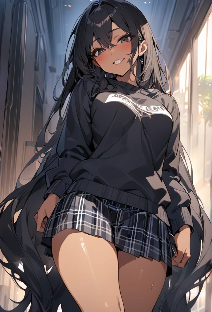 (anime style),masterpiece, best quality, extremely detailed,18Year old,tanned skin,dark skin, Beautiful body,middle breasts,BREAK,multicolored colorful black hair,absurdly long hair,for head,BREAK,black eyes,best smile,open mouth,detailed lips,BREAK,cotton black big ribbon,BREAK,rippedoversized school sweater、tartan check Skirt,break,head tilt,