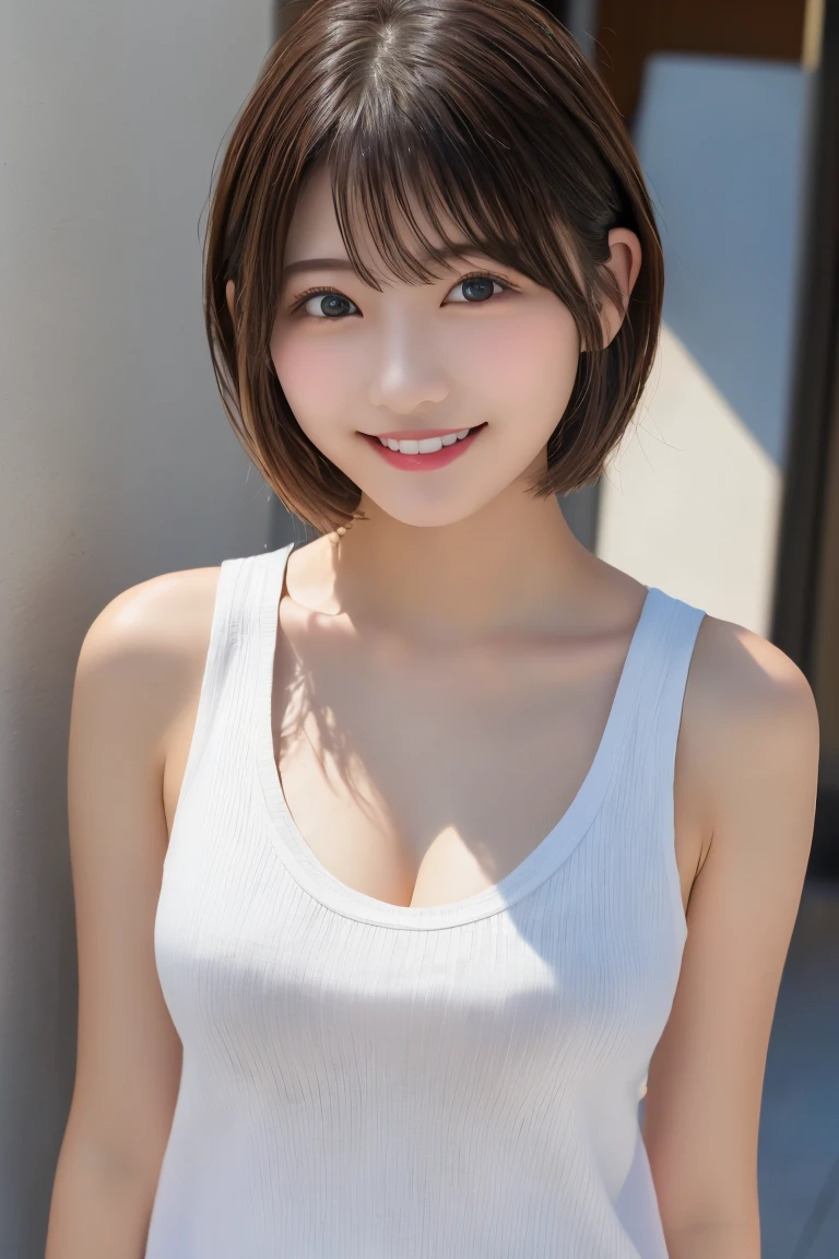 Highest quality、(beautiful)、Brown Hair、looking at the camera、Upper Body、Close-up、Larger breasts、smile、Shot from above、Semi-short hair、The chest was open.Tshirt
