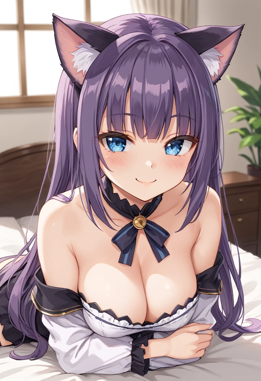 1girl, Blue eyes, Long Hair, Bangs, Purple Hair, Breasts, Smile, Blush, Light Smile, cat ears