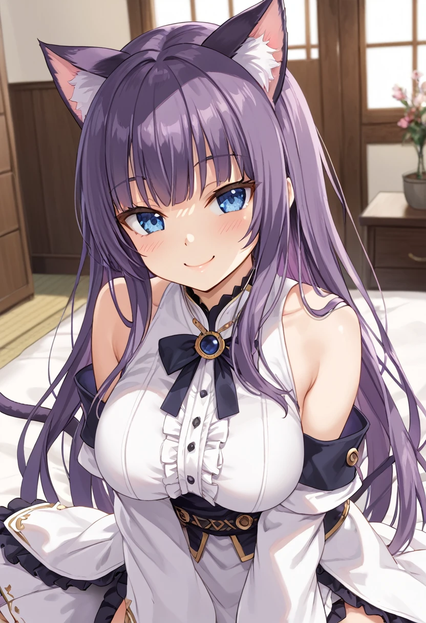 1girl, Blue eyes, Long Hair, Bangs, Purple Hair, Breasts, Smile, Blush, Light Smile, cat ears