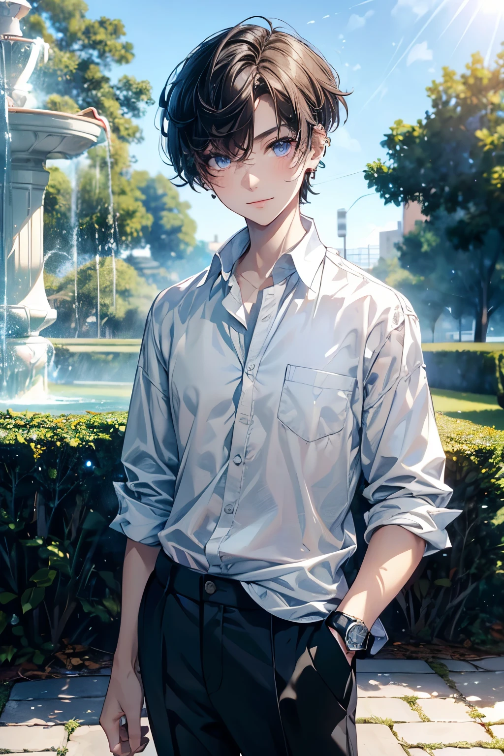 a young skinny tomboyish girl with very short hair, deep ocean eyes, (very short man hairstyle:1.4), pink cheek, flat chest, pretty lipstick, glowing eyes, handsome, bright skin tone, (detailed eyes), (best quality,highres,masterpiece:1.2),ultra-detailed,award winning,high resolution,1boy, setting in a park with a fountain in the morning, (((smiley))), flirting gaze, confident, gentle, (white collar shirt), black pants, sport watch, (one side earring), POV, beautiful sunlight, hand in pocket.