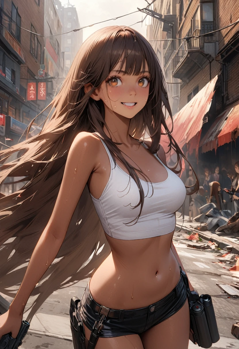 Dynamic gun action scenes、Woman shooting down zombieasterpiece,Highest quality:1.3,best quality illustration)),(realistic),cowboy shot,独奏,1woman,25 year old beauty,brown hair,long hair,bangs,brown eyes,(gorgeous big eyes),((very small head:1.3)),A strong smile,((very long body:1.2,skinny)),((tan skin:1.4)),medium breasts,White sports bra、navel,Black leather micro shorts、Carrying a gun in a leg holster,gleaming skin,slender body,sweat,standing,Collapsed Buildings、on street,New York City、Resident Evil World、