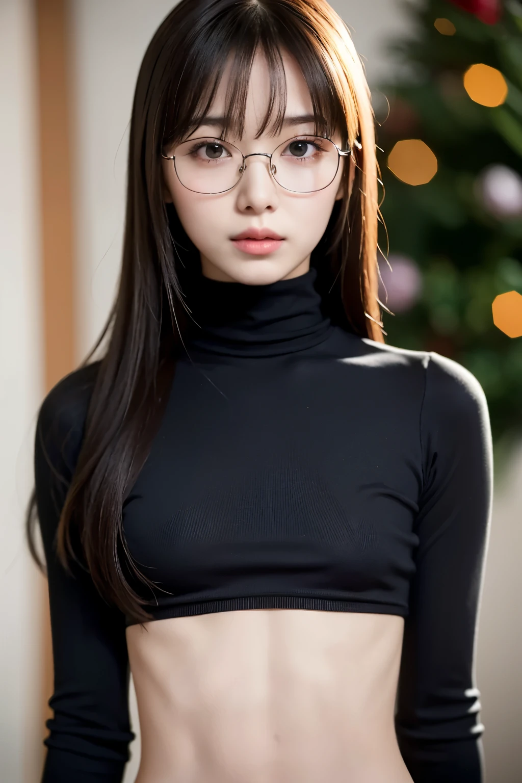 1girl, (skinny body : 1.2), (small breasts : 1.5), flat abs,long hair with bangs,wearing glasses, turtleneck crop top, portrait,bokeh