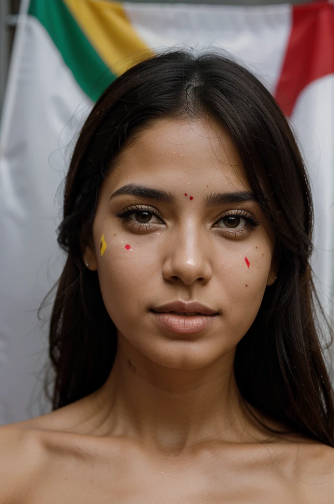Venezuelan woman, sexy, with white photographic background, a Venezuelan flag drawn on his cheek