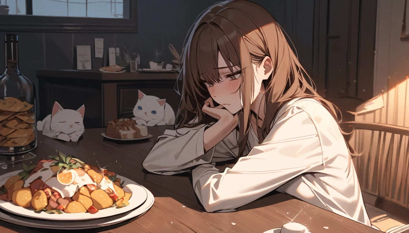 Beautiful and cute,single,long brown hair,Eyes sparkling, beautiful, outstanding,white t-shirt,Make a depressed face,Sitting with your chin on the table, looking at the abundance of food on the table.,There was a fat little white cat lying on its back on the dining room table.,Lonely mood,long night