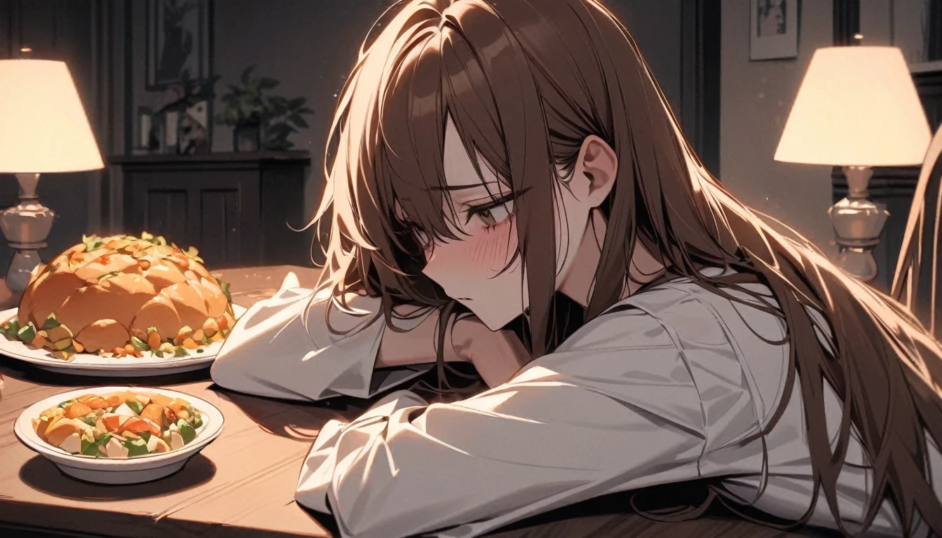 Beautiful and cute,single,long brown hair,Eyes sparkling, beautiful, outstanding,white t-shirt,Make a depressed face,Sitting with your chin on the table, looking at the abundance of food on the table.,There was a fat little white cat lying on its back on the dining room table.,Lonely mood,long night