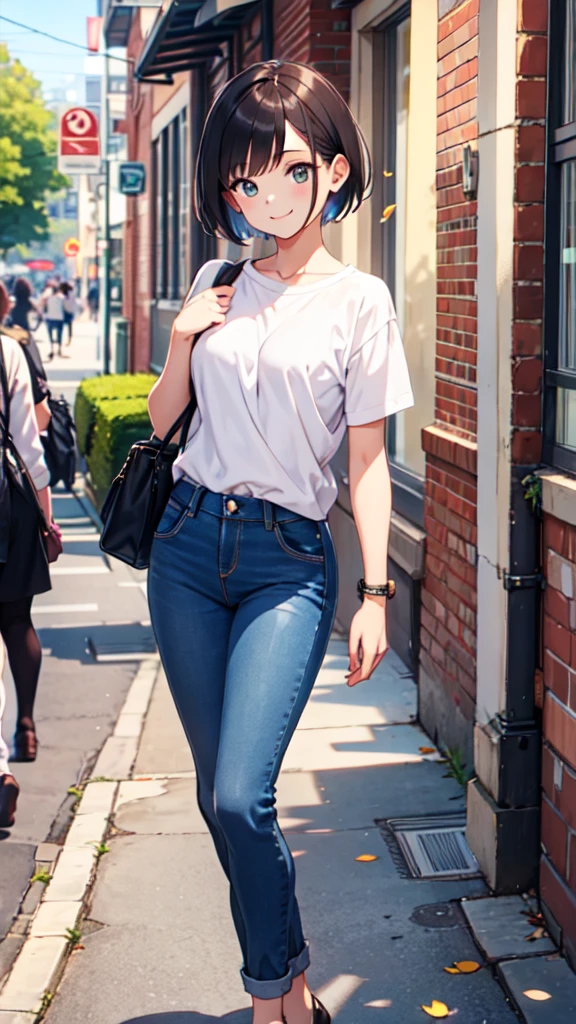 Beautiful woman with short hair ,casual ,street ,Happy