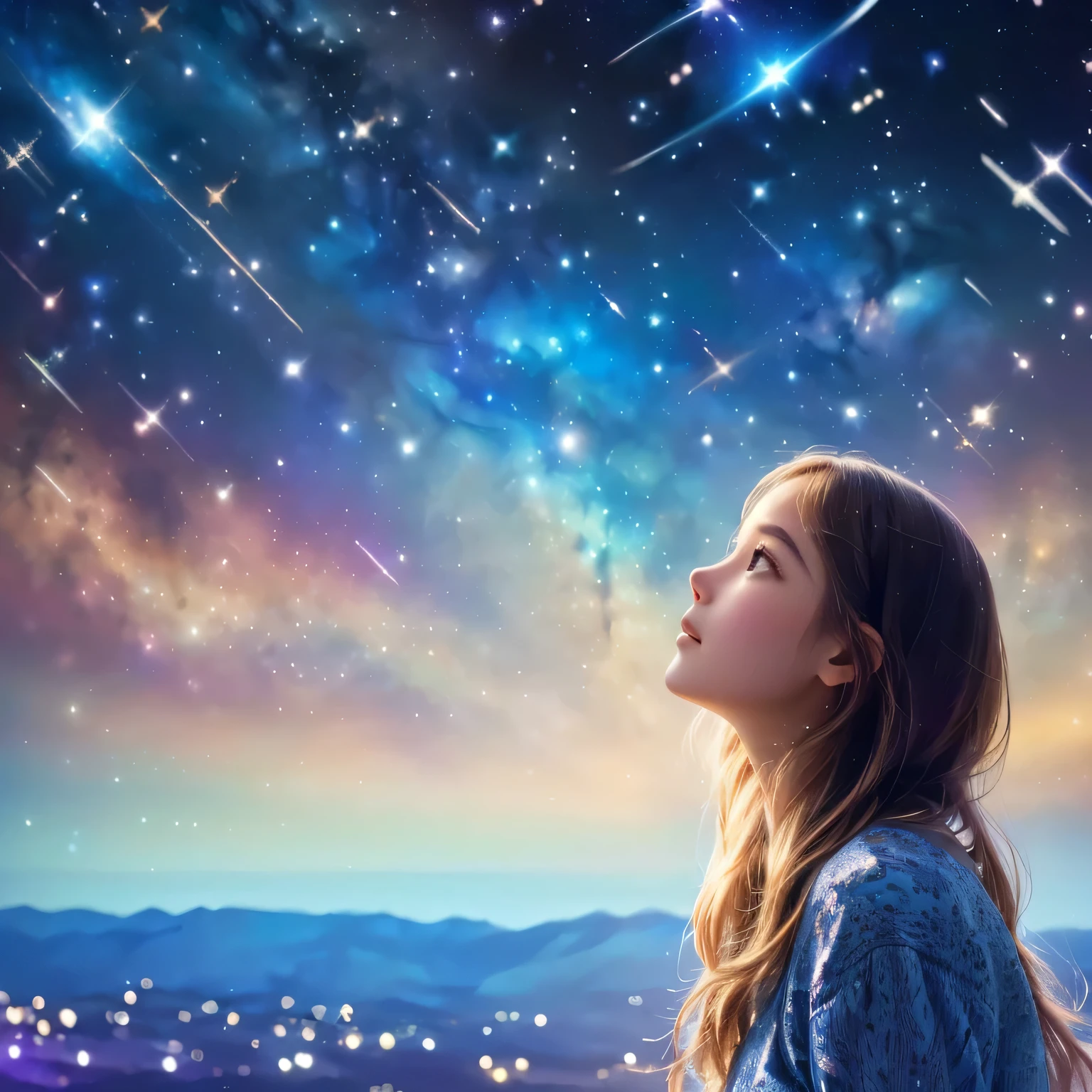 arafed girl looking up at the stars in the sky, girl looks at the space, looking up at the stars, looking at the stars, girl in space, looking to stars, stars in her gazing eyes, with stars, looking out into the cosmos, on a galaxy looking background, with the sky full of stars, looking at the sky, beautiful stars