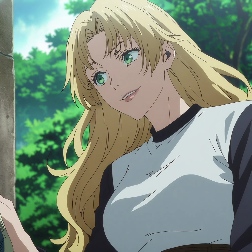 1girl, female gojo satoru, anime screencap from jujutsu kaisen, gojo satoru female version, solo, long_hair, ((green eyes)) ((Yellow hair,  wavy hair)), trees background, (hanging breasts) upper_body, smile, indoors, book, lips, (long hair) (( A black, long-sleeved, high-necked dress that extends down to her mid-thigh. The dress is accented with a couple of (gold buttons), (wearing black knee-high boots)) breast, "very detailed and high resolution" (green eyes) ((solo)) (((front view))) (earings) ((high resolution)) ((good quality)) ((silky hair)) 