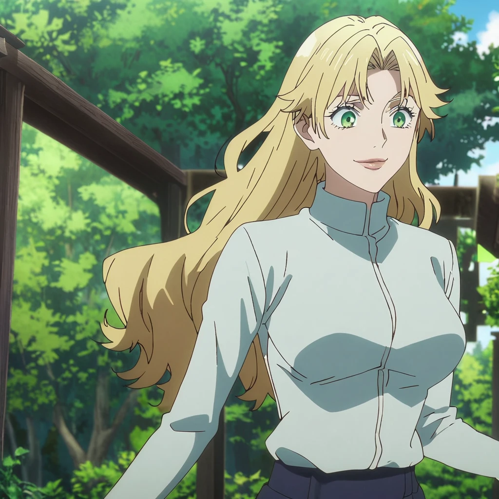 1girl, female gojo satoru, anime screencap from jujutsu kaisen, gojo satoru female version, solo, long_hair, ((green eyes)) ((Yellow hair,  wavy hair)), trees background, (hanging breasts) upper_body, smile, indoors, book, lips, (long hair) (( A black, long-sleeved, high-necked dress that extends down to her mid-thigh. The dress is accented with a couple of (gold buttons), (wearing black knee-high boots)) breast, "very detailed and high resolution" (green eyes) ((solo)) (((front view))) (earings) ((high resolution)) ((good quality)) ((silky hair)) 