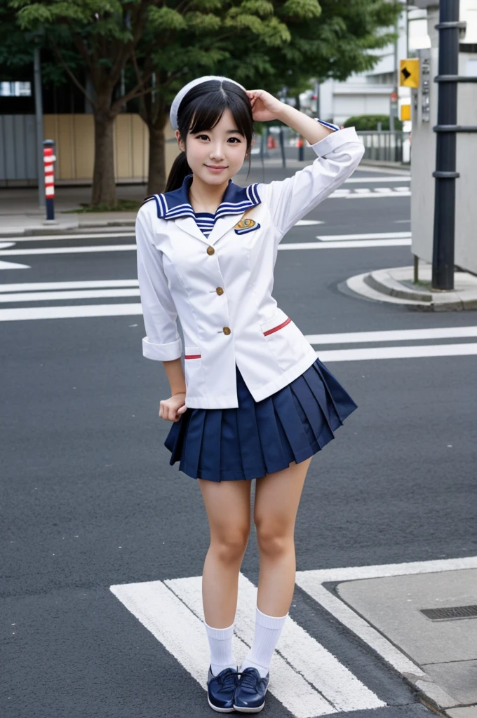 A beautiful Japanese girl in a sailor uniform without a skirt on the street stretching her feet 