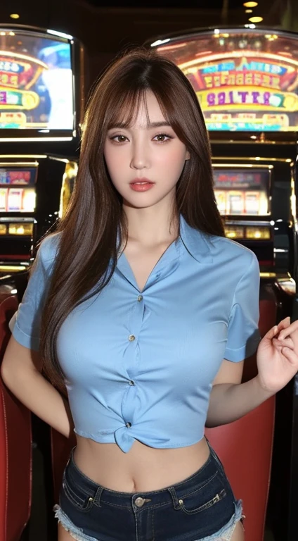 ((Highest quality, 8ก, Masterpiece: 1.3)), woman with feelings, 1 woman, (Slender figure: 1.2), dark brown hair, (outdoor, shirt, shorts: 1.1), Extraordinarily detailed face, detailed lips, Detailed eyes, Double eyelids, (big breasts: 1.2) (The background is a modern casino and slot machines, a modern PG company.)