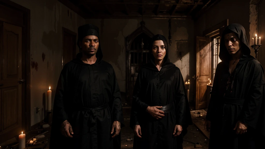 three different friends, inside the black magic ritual in the big abandoned house, with people in black robes, blood candles, voodoo, dark magic