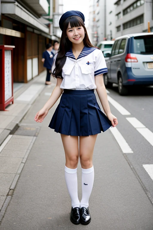 A beautiful Japanese girl in a sailor uniform without a skirt on the street stretching her feet