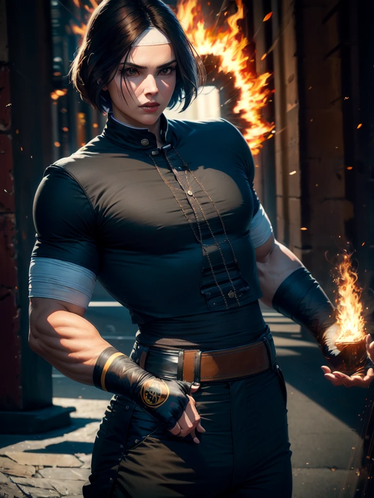 30-year-old woman, alone, alone, sexy, sensual, dark hair, white band on her forehead, white short-sleeved shirt, open black short-sleeved jacket, black hip pants, thin brown belt, wears fingerless gloves black color that covers almost his entire forearm, serious look looking at the viewer, fire coming out of his hand, cinematic, ultra sharp focus, award-winning photography, perfect contrast, high sharpness, depth of field, ultra detailed photography, global illumination, fluid, ultra High Definition, 8k, Unreal Engine 5, Ultra Sharp Focus, Award Winning Photography, Art Season Trends,
