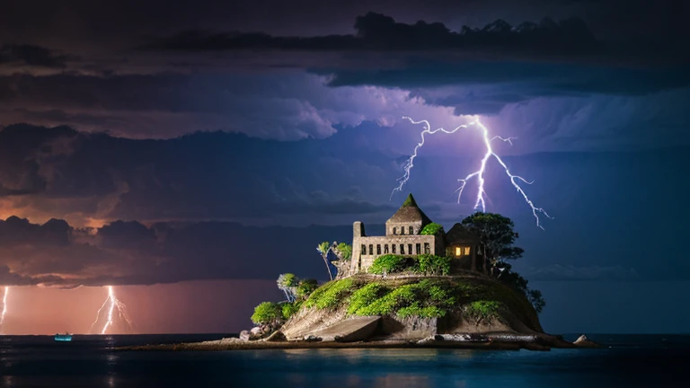 Mysterious Island, Ancient steles, island, Remote Islands, Purple Sky, lightning