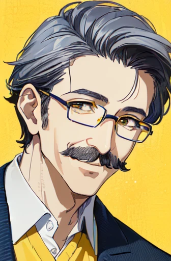 ((Highest quality)), ((masterpiece)), (detailed), ((One mature male))、(mature male)、(50-year-old male)、((A photo showing your thighs to the top of your head))、(Standing straight, facing the camera)、Black hair mixed with gray hair、Crew cut、Glasses、Iris、smile、Yellow color suit、Blue Shirt、Yellow pants、White background、Mustache growing under the nose