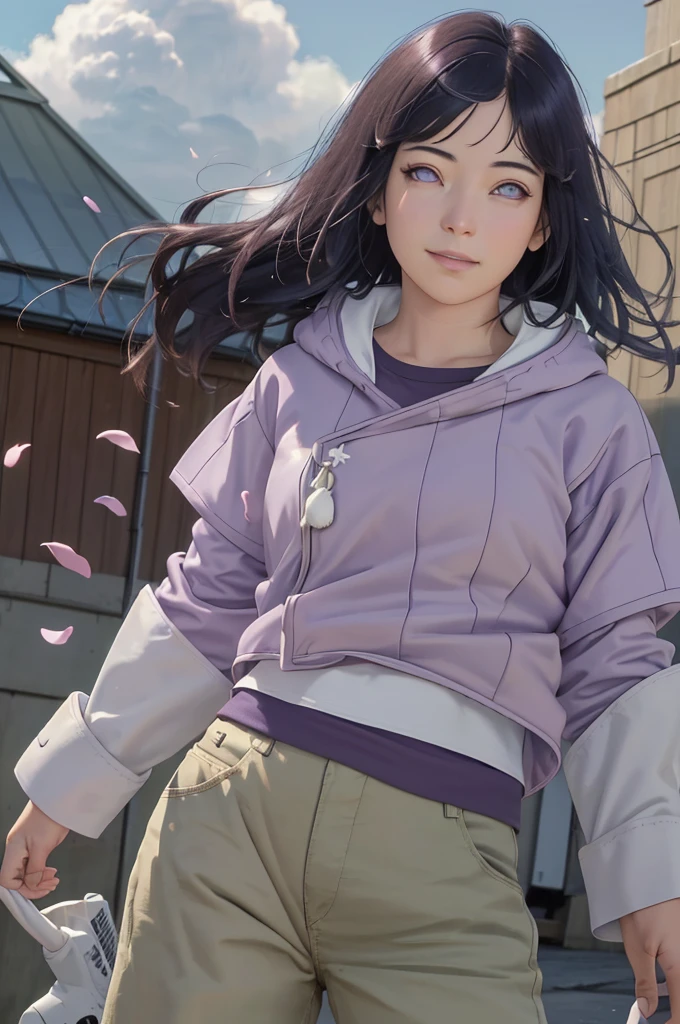 a beautiful girl in a lavender flower field, wearing a purple hoodie with layered sleeves and brown pants, looking at the viewer with a soft, sad smile, her long black hair flowing in the wind, detailed purple eyes, perfect composition with falling petals and a cloudy sky in the background, super realistic, detailed, photorealistic, (best quality,4k,8k,highres,masterpiece:1.2),ultra-detailed,(realistic,photorealistic,photo-realistic:1.37), HDR, UHD, studio lighting, ultra-fine painting, sharp focus, physically-based rendering, extreme detail description, professional, vivid colors, bokeh
