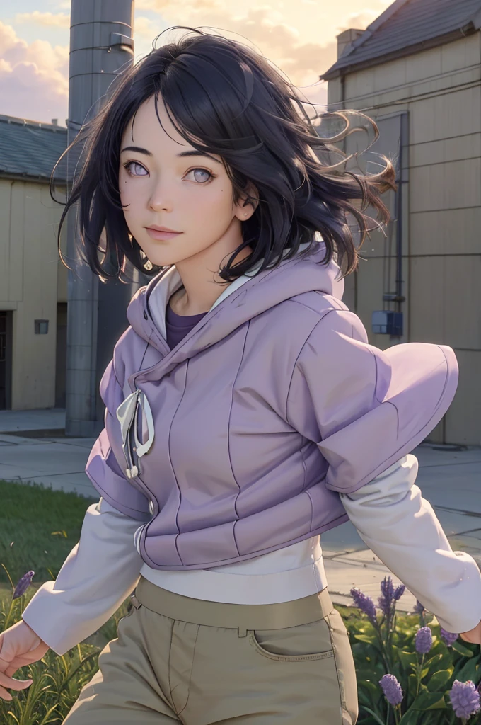 a beautiful girl in a lavender flower field, wearing a purple hoodie with layered sleeves and brown pants, looking at the viewer with a soft, sad smile, her long black hair flowing in the wind, detailed purple eyes, perfect composition with falling petals and a cloudy sky in the background, super realistic, detailed, photorealistic, (best quality,4k,8k,highres,masterpiece:1.2),ultra-detailed,(realistic,photorealistic,photo-realistic:1.37), HDR, UHD, studio lighting, ultra-fine painting, sharp focus, physically-based rendering, extreme detail description, professional, vivid colors, bokeh