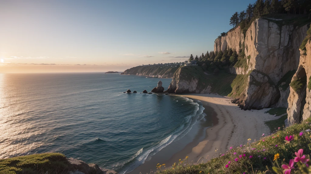 A medium shot from a cliff edge overlooking a serene bay with gentle waves lapping against smooth rocks, accompanied by wildflowers on the cliff, at sunrise with soft backlight, shot with a Sony A7R IV, 28mm lens, pastel tones