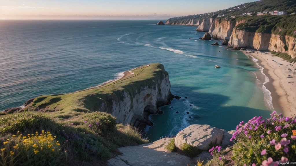 A medium shot from a cliff edge overlooking a serene bay with gentle waves lapping against smooth rocks, accompanied by wildflowers on the cliff, at sunrise with soft backlight, shot with a Sony A7R IV, 28mm lens, pastel tones