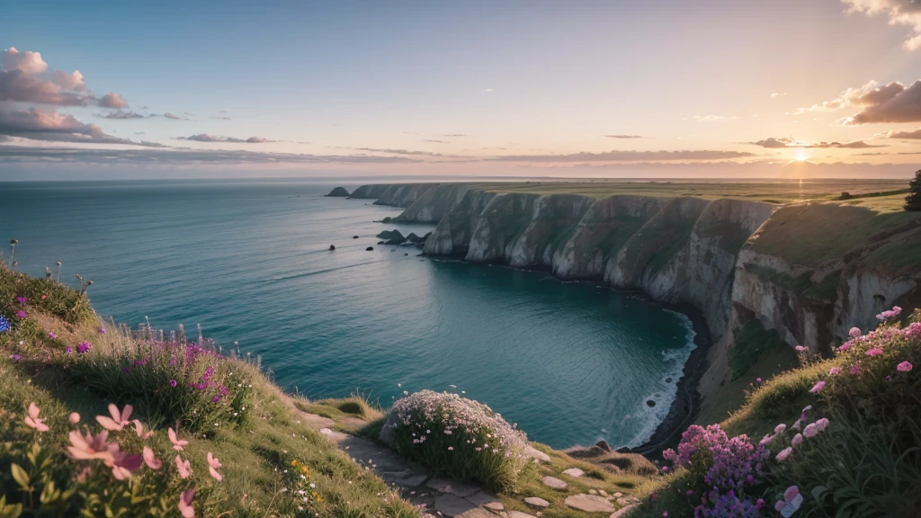 A medium shot from a cliff edge overlooking a serene bay with gentle waves lapping against smooth rocks, accompanied by wildflowers on the cliff, at sunrise with soft backlight, shot with a Sony A7R IV, 28mm lens, pastel tones
