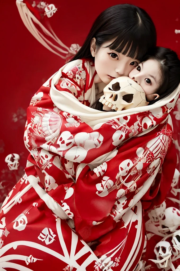 Masterpiece、Highest quality、Realistic photos、Thick Fog、A beautiful Japanese girl in a very elaborate red kimono、((((Holding a pure white skull、one Skeleton hugging))))、(((She spreads her legs to show her beautiful vagina)))、((Red background))