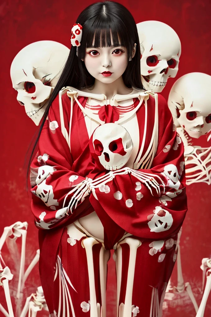 Masterpiece、Highest quality、Realistic photos、Thick Fog、A beautiful Japanese girl in a very elaborate red kimono、((((Holding a pure white skull、one Skeleton hugging))))、(((She spreads her legs to show her beautiful vagina)))、((Red background))
