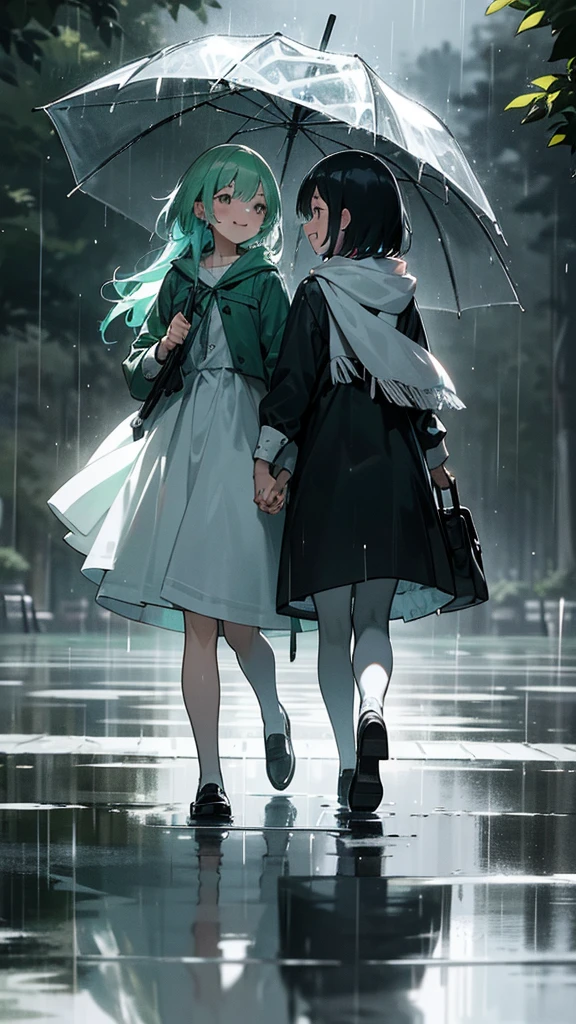 Here is a suggested prompt for a digital artwork titled "Friendship in the Rain":
---
**Prompt: Friendship in the Rain**
Create a vibrant and welcoming scene of two friends walking hand in hand in a gentle rain. They are protected by a large colorful umbrella, that contrasts with the gray of the rainy sky. Raindrops fall all around, creating small splashes in puddles of water. One of the friends is laughing while the other looks at her with a loving smile. Ao fundo, there is a park with lush green trees that look even more alive in the rain. The lighting is soft, highlighting the joy and complicity between the two.
--- I hope this inspires your art!