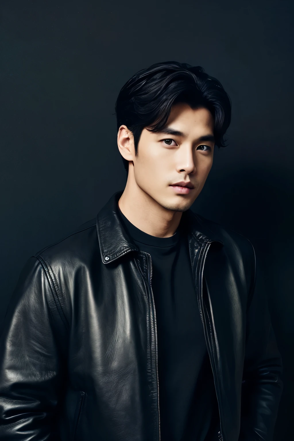 Seen from the front、Handsome 30-year-old man wearing a black leather jacket、Black background