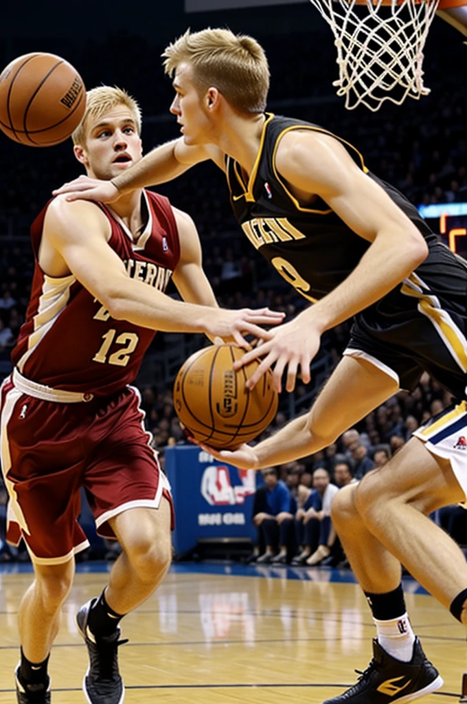 an image of just two men, one of them with blonde hair and the other with brown hair. These two people are playing basketball