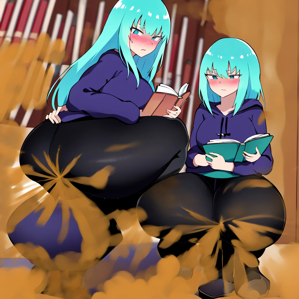 ((best quality)), ((highly detailed)), absurdres, (detailed eyes, deep eyes), (1girl), very long hair, large breasts, surprised, blushing, hoodie, black pants, reading a book, showing butt to viewer, (indoors, at a library, book shelves), bbcchan, squatting, alone, blue hair, even eyes,5 fingers, detailed background, tight black leggings, alone, no one around, 1 girl, erotically squatting