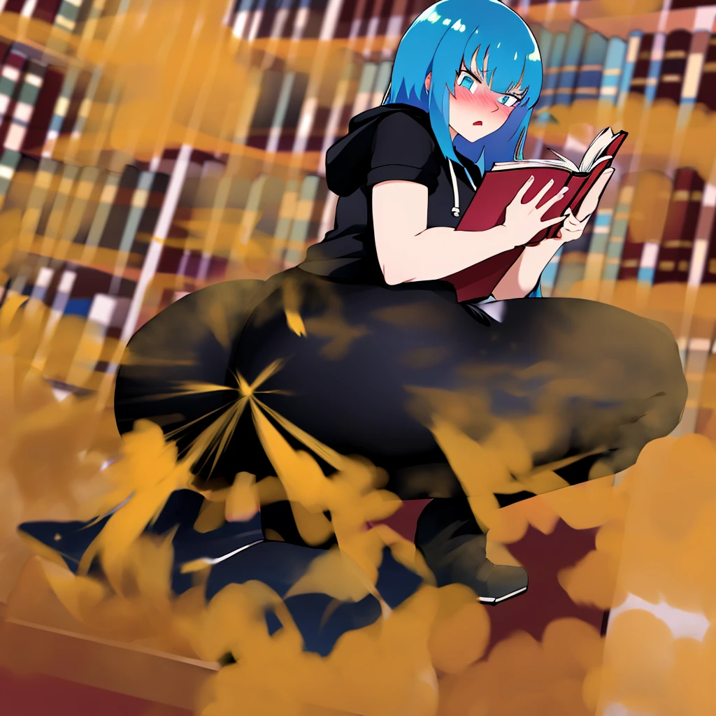 ((best quality)), ((highly detailed)), absurdres, (detailed eyes, deep eyes), (1girl), very long hair, large breasts, surprised, blushing, hoodie, black pants, reading a book, showing butt to viewer, (indoors, at a library, book shelves), bbcchan, squatting, alone, blue hair, even eyes,5 fingers, detailed background, tight black leggings, alone, no one around, 1 girl, erotically squatting