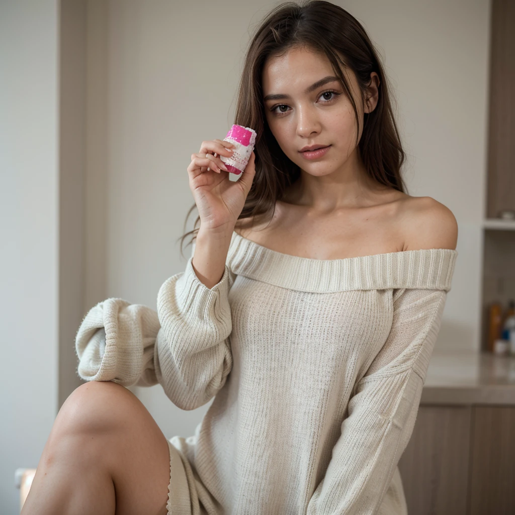 ((best quality)), ((masterpiece)), (detailed), 1girl, off-shoulder sweater, holding a face wash in your hand ,brain promotion remove dress